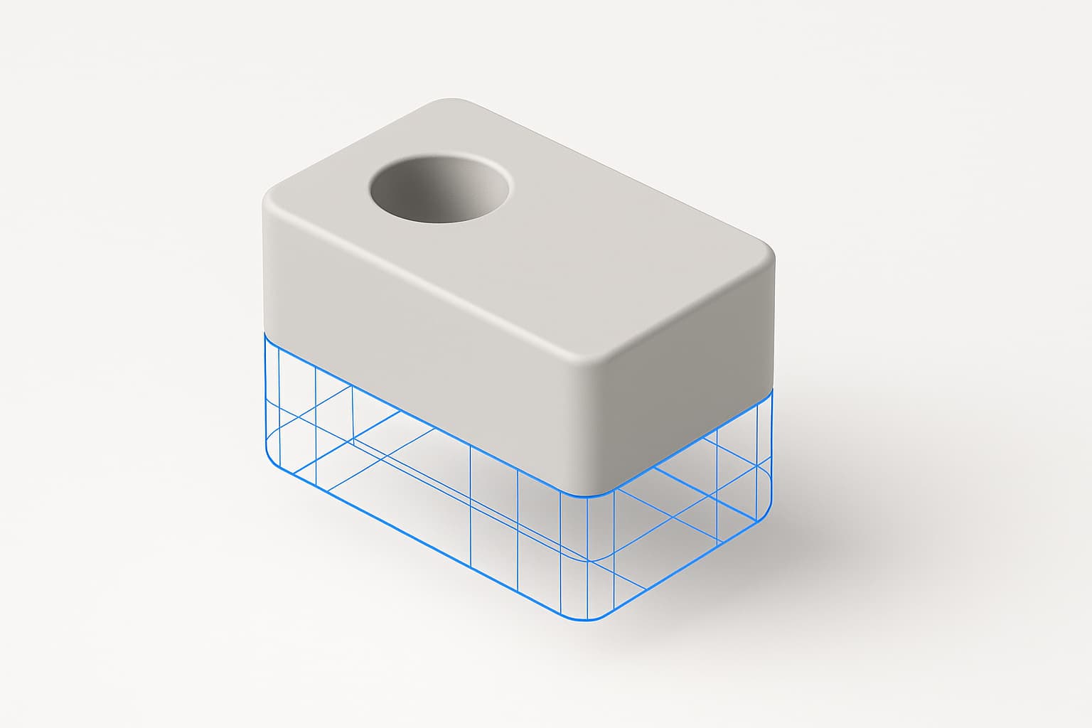 Matte grey block with a cylindrical bore, its lower half dissolving into a blue wireframe boundary representation